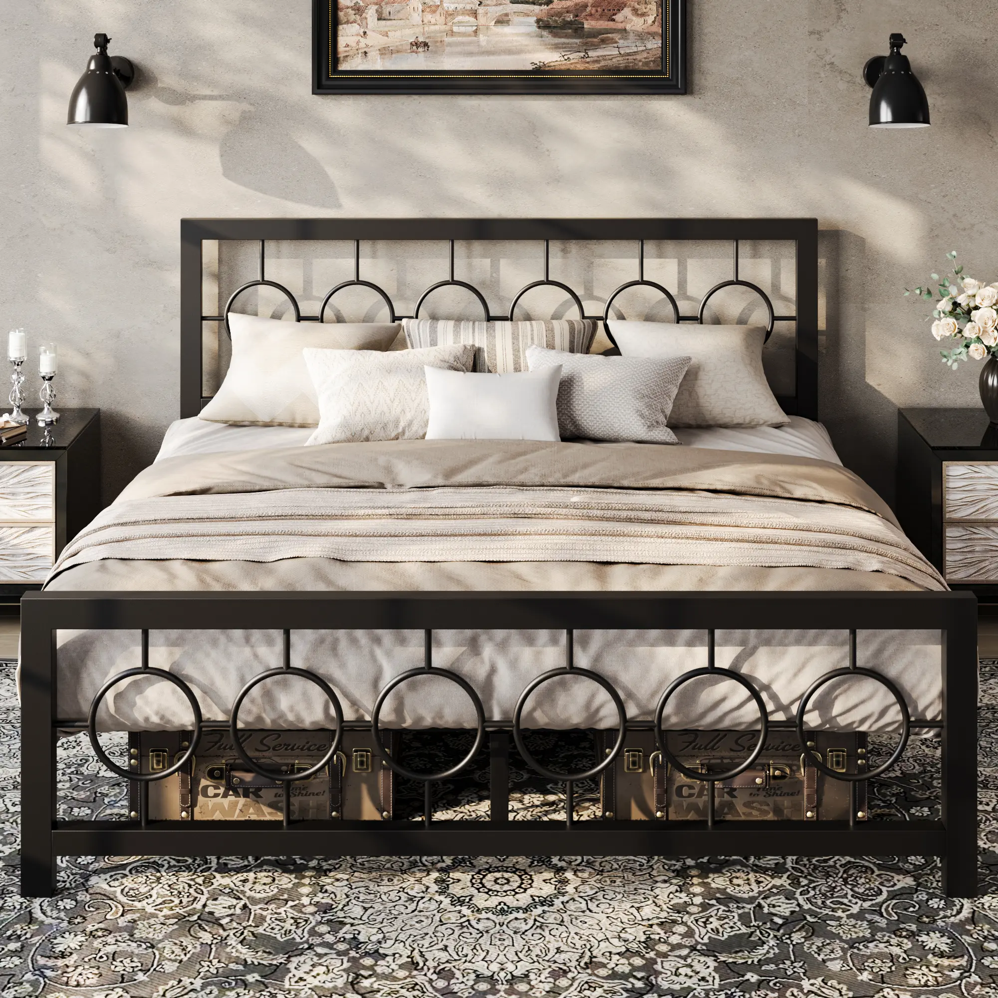 HOOMIC Metal Platform Bed Frame【Frame Only No Mattress】with Vintage Circular Design Headboard and Footboard,Extra Under-Bed Storage,Bedroom Furniture,No Box Spring Needed,Black/Brown,Twin/Full/Queen/King Size#SummerVibes