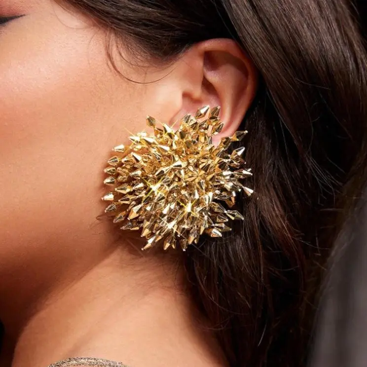 Silver/ Gold Statement Earrings, Large Spike Stud, Metallic Sunburst Design, Bold Fashion Jewelry