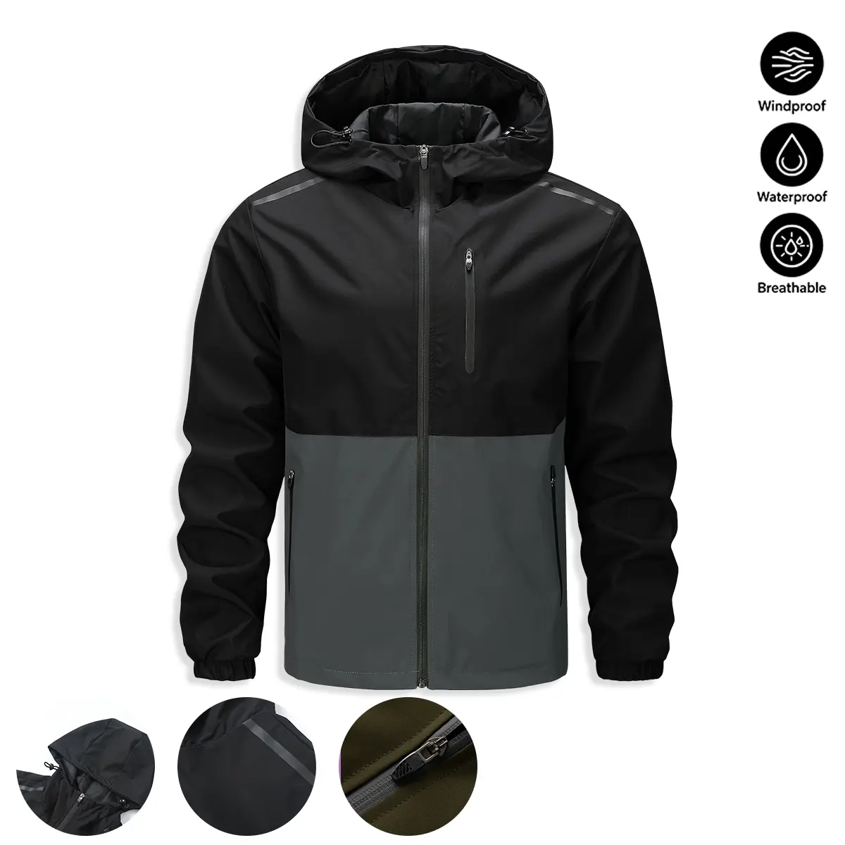 JOGWAVE Men's Loose-Fit Color-Block Polyester Hooded Coat - Casual Athletic Jacket, Zip-Closure Top with Multi-Pockets, Stylish Streetwear, Bold Glossy Look, Machine Washable for Spring, Autumn