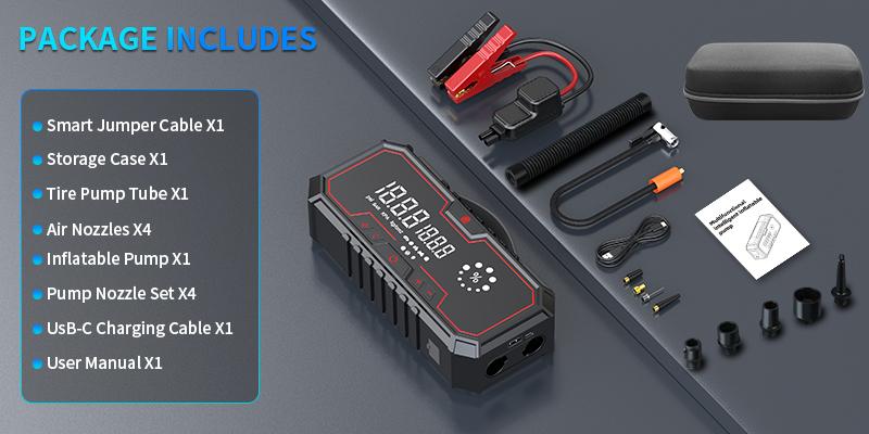 Kapeezi 12000A (All Gas, 12L Diesel) Portable Car Jump Starter with Air Compressor, Blower All-in-One, portable power bank with 160PSI Tire Inflator, Car Battery Jump Starter Multi-Function Vehicle battery jump pack Automotive Tool Kit
