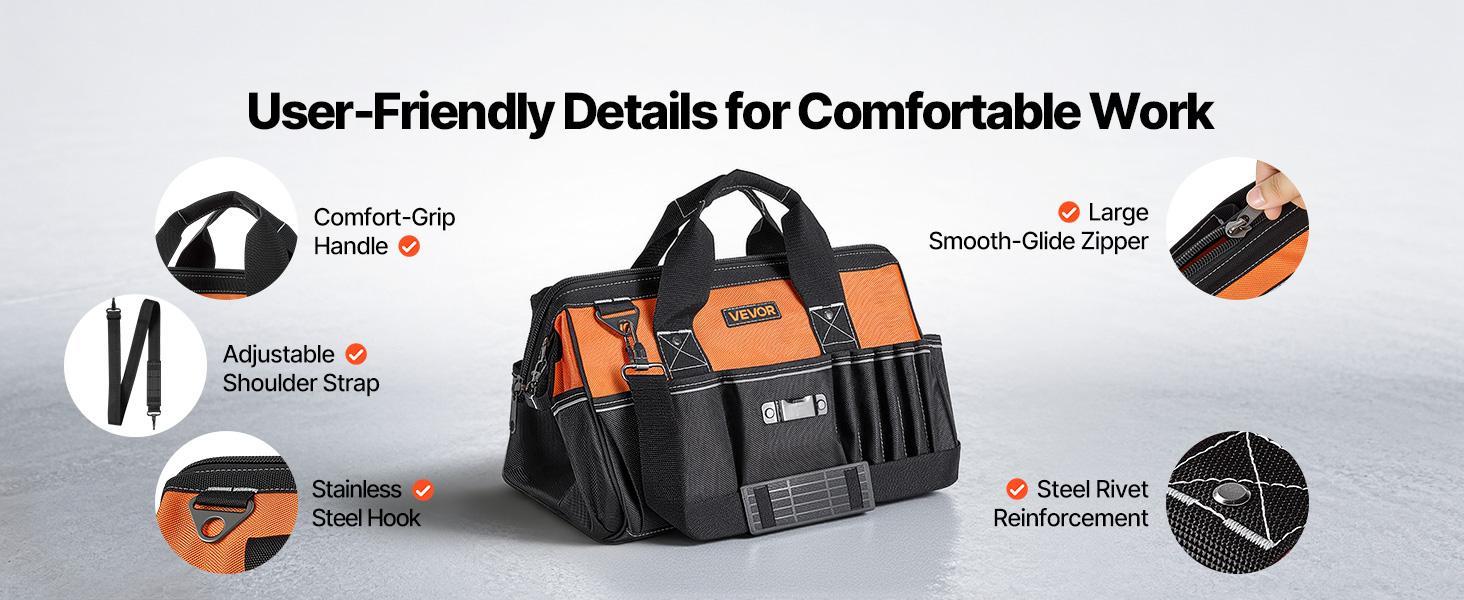VEVOR 15.7-Inch Tool Bag with 33 Multiple Pockets, Dirt-Block ft, Steel Rivets, Soft Handle, Large Zippers, Adjustable Shoulder Strap, Comfortable & Long-Lasting Men's Work Organizer for Repair, Father's Day Gifts, 30Lb, Dirt‑Block Feet VEVOR 15.7-Inch Tool Bag with 33 Multiple Pockets, Dirt-Block ft, Steel Rivets, Soft Handle, Large Zippers, Adjustable Shoulder Strap, Comfortable & Long-Lasting Men's Work Organizer for Repair, Father's Day Gifts, 30Lb, Dirt‑Block Feet
