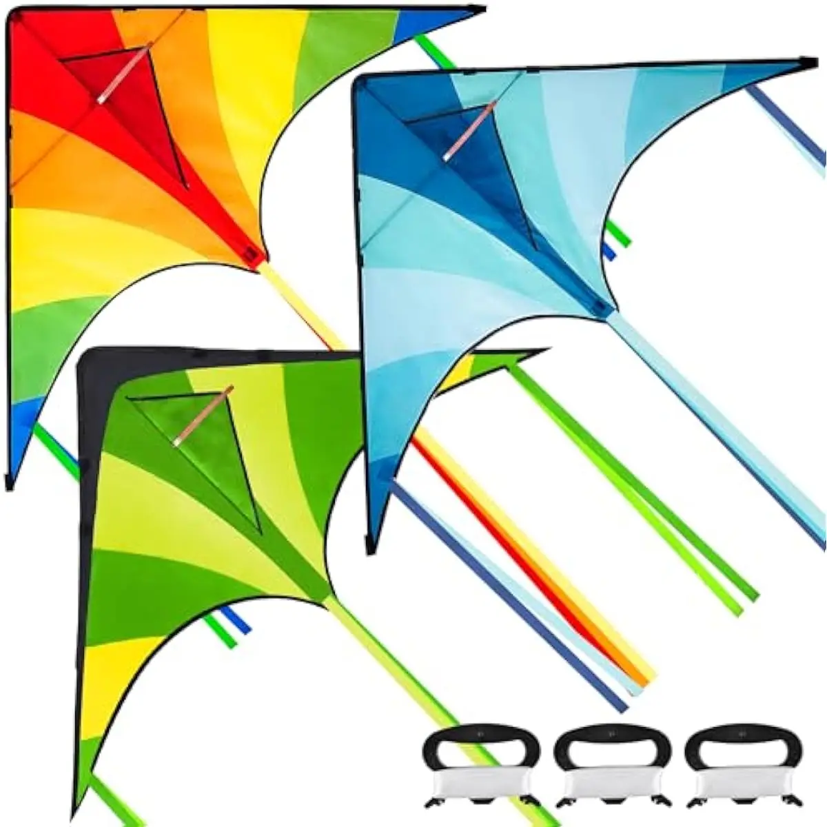 3 Packs Large Delta Kite Green, Blue and Rainbow, Easy to Fly for Kids with 262.5 ft String, Large Delta Beach Kite for Outdoor Games and Activities