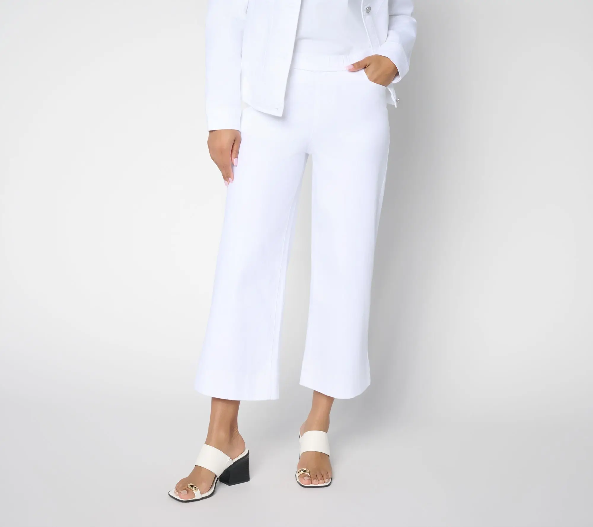 Susan Graver Petite Stretch Denim Wide Leg Crop Jean-White