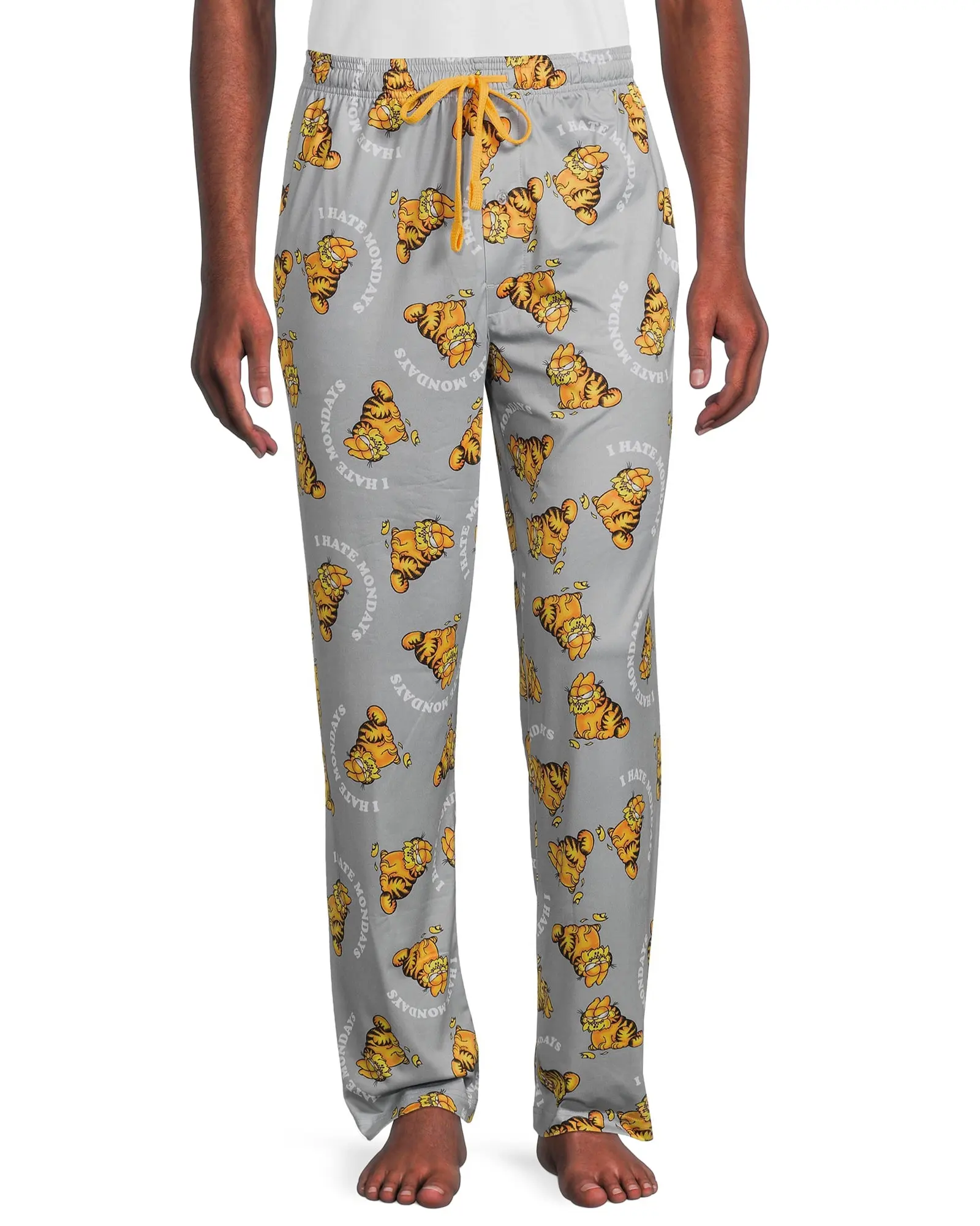 Men's Garfield "I Hate Mondays" Allover Print Sleep Bottoms - Soft, Stretchy Polyester Nightwear with Elastic Waistband, Pockets & Lounge Pajama Pants