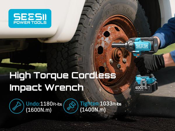 SEESII Upgraded Electric Impact Wrench w/ Detachable Handle - 1180 Ft-lbs (1600 N·m) 1/2" High-Torque, 21V Cordless + 2x 4.0Ah Batteries | for Car/Truck/Mower/Industrial Tasks, Black Friday Deals