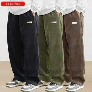 Men’s 3-pack vintage corduroy pants, casual corduroy long pants with side pockets, made from skin-friendly fabric; streetwear and outdoor activities, versatile style, fashionable and minimalist, a must-have for everyday commuting. Loose-Fit Drawstring