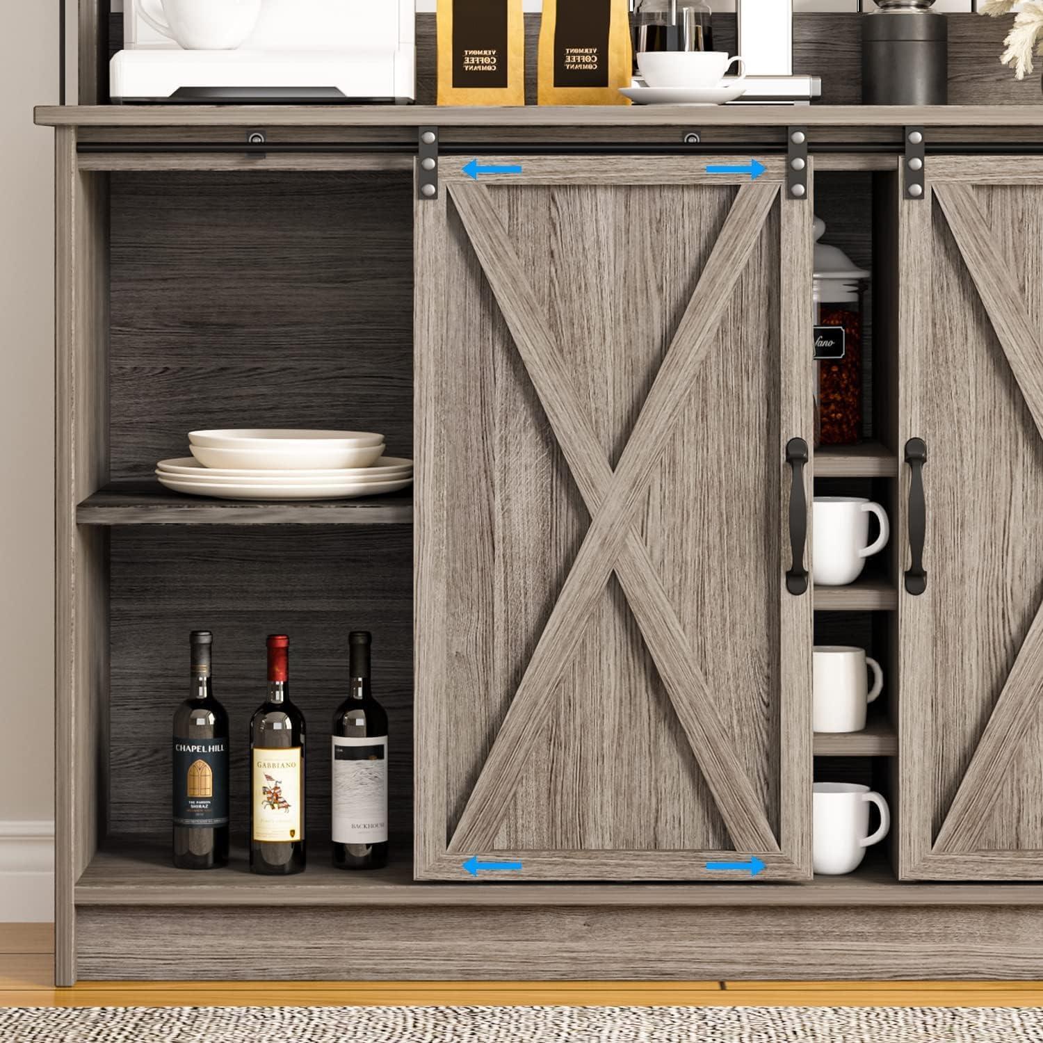 HOMBCK Farmhouse Coffee Bar Cabinet, 47'' Kitchen Bar Cabinet with Sliding Barn Door, Wooden Buffet /Wine Bar Cabinet Organizerwith Open Storage Shelf