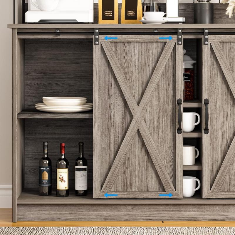HOMBCK Farmhouse Coffee Bar Cabinet, 47'' Kitchen Bar Cabinet with Sliding Barn Door, Wooden Buffet /Wine Bar Cabinet Organizerwith Open Storage Shelf