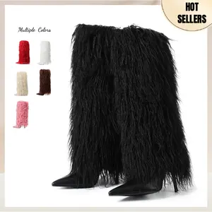 Chic Women Knee High Fluffy Fur Boots Stiletto Heels with Pointed Toe Kitten Heel Pull On Solid Color Boots Ladies Boots Nightclub Dress AOSPHIRAYLIAN
