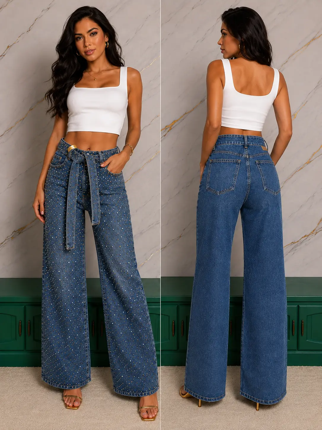 Stretch Jean  Rhinestone Wideleg Belt Bottoms