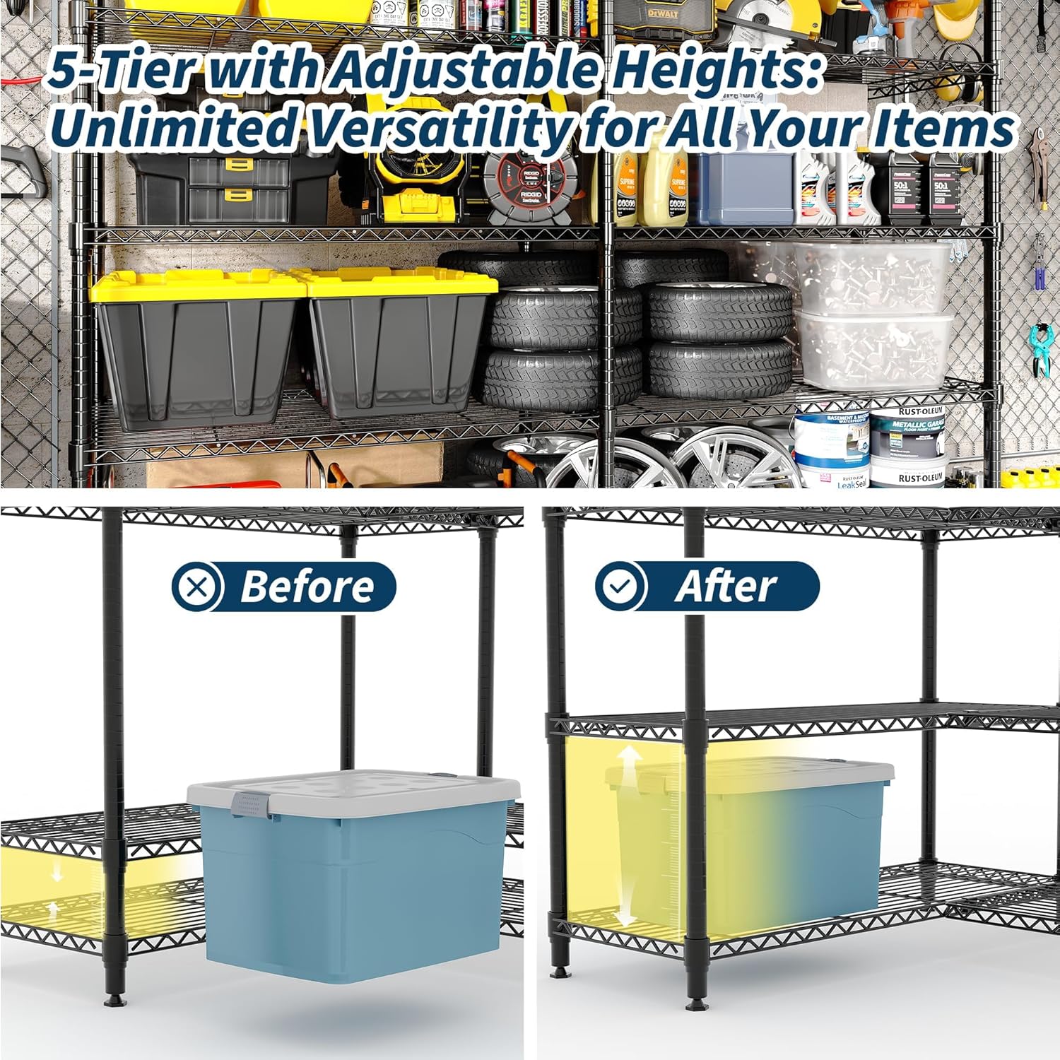5-Tier Metal Wire Storage Rack for Food Service - Adjustable L-Shaped Industrial Shelving, 1325 lbs Capacity, Commercial Kitchen, Pantry, Garage, 59"W x 13.8"D x 70.5"H - 5 Floors, Width 35
