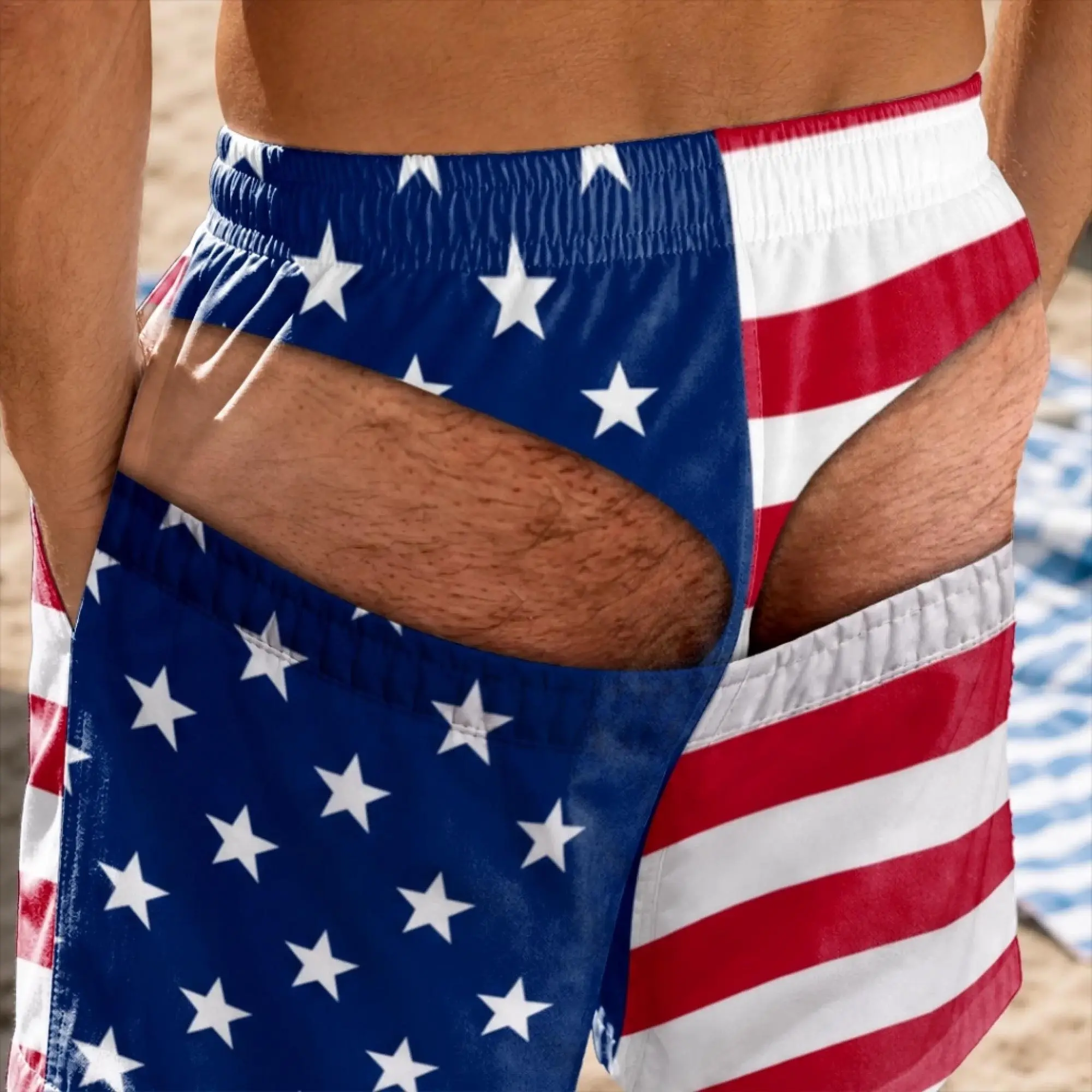 Men's Personalized Funny Peekaboo Cutout HG Sporty Swim Shorts - Novelty Beach Wear with Prank Bare Butt Design, Summer Swim Trunks Gift for Sports & Outdoor Use