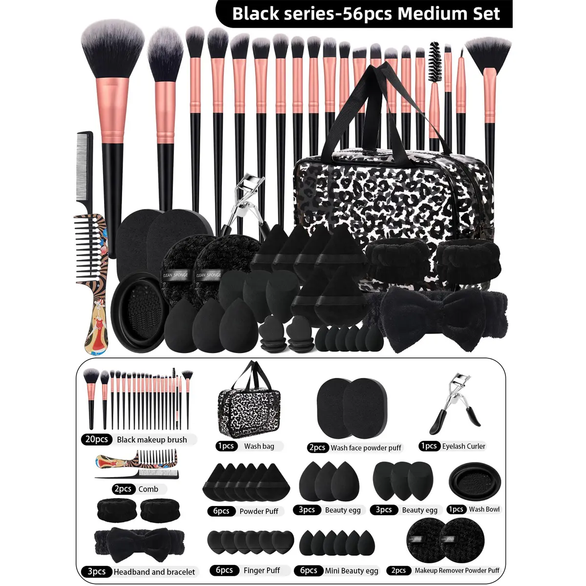 56-Piece Makeup Set Kit, Cosmetic Brushes with Storage Bag, Sponges, Puffs, Eyelash Curler, Cleansing Brush Cleaner, for Daily Smoothing Flawless Application, Gift Sets for Women