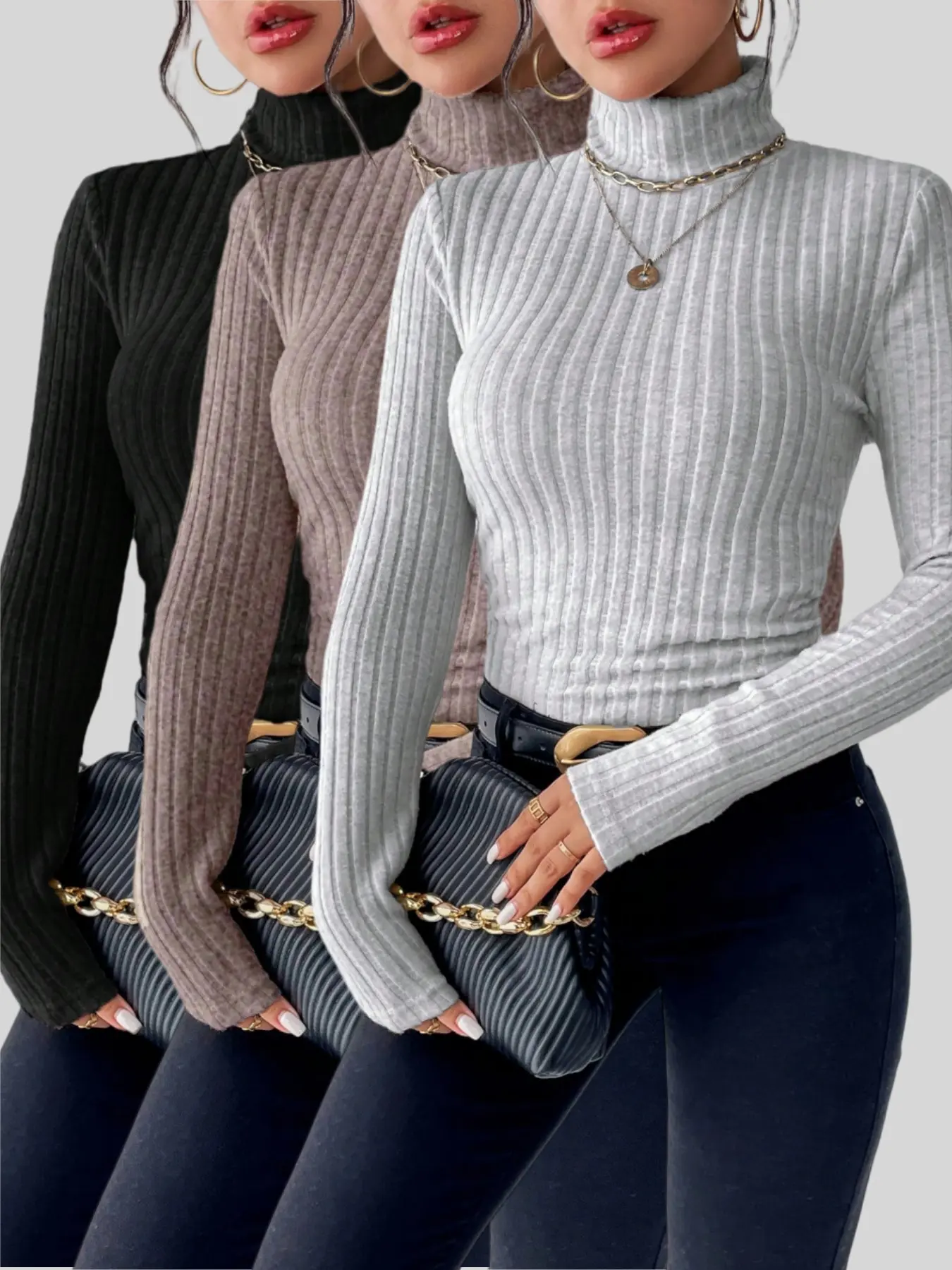 Women's Fall Winter T-Shirt Set, High Neck Warm Long Sleeve, Soft Comfortable Fabric, Must-Have Ladies Clothing for Autumn & Winter, Knitwear