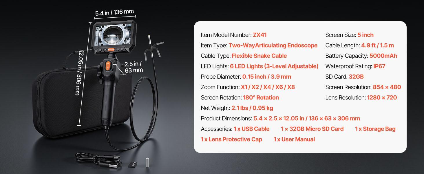 【Summerfinds】VEVOR 2-Way Articulating Endoscope, 1080P HD Lighted Waterproof Industrial Borescope with 0.15-inch Ultra-Slim Articulated Probe, 4.9FT Flexible Snake Scope for Car Automotive Engine Wall Inspection, Endoscope Borescope