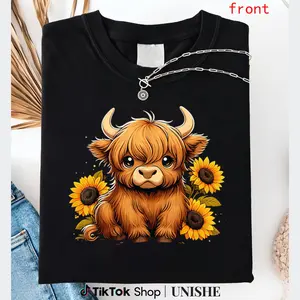 100% Cotton Sunflower + Highland Cow Casual Tee – Short Sleeve Shirt