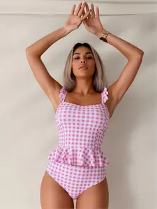 Pink & White Gingham Ruffle Tankini Set - Peplum Hem Top & High Waisted Bottoms, Cute Retro Two-Piece Swimsuit, Perfect for Pool Days & Brunch by the Beach