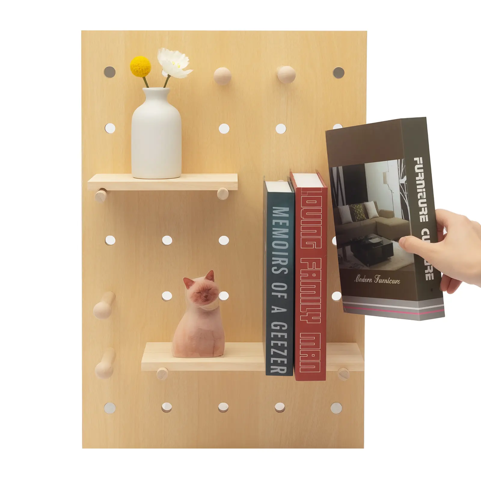 Wooden Rectangular Pegboard Combination Wall Organizer Kit - 60x40cm Main Board, 22lbs Load Capacity, Modular Display Panel with Shelves, Layer Boards & Hooks, DIY Hanging Storage for Home Office Supplies, Tools