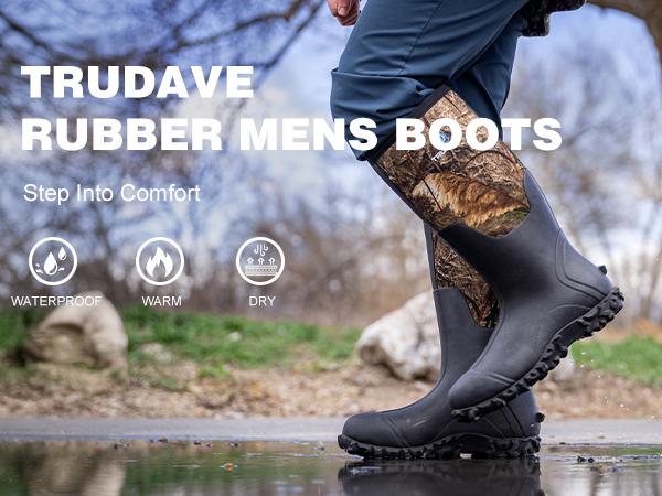 Trudave Rubber Boots for Men, Waterproof Work Rain Boots with Steel Shank, 6mm Neoprene Anti-slip Mud Boots Comfortable Industrial Shoe Reed Grass