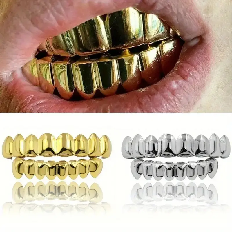 8 Top & 8 Bottom Plain Teeth Grillz Set, Gold Silver Plated Hip Hop Tooth Grills with Molding Bars, Glossy Smooth Teeth Jewelry for Rapper Halloween Party Cosplay Daily Street Wear