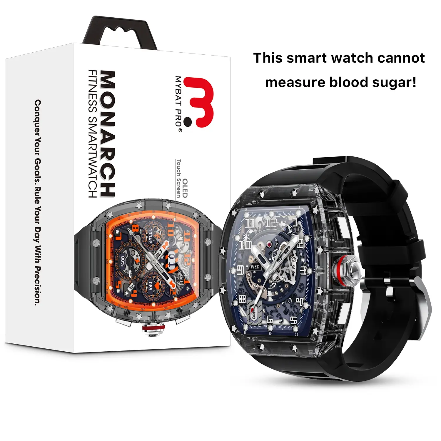 MyBat Pro Monarch Crystal Wearable Smartwatch - Button-Operated LCD Screen, Transparent Design, Waterproof, Wireless Magnetic, Multifunctional Fashion Sport Bluetooth Watch for Men & Women (Does Not Measure Blood Sugar, Mobile Compatible), Device, Chargin