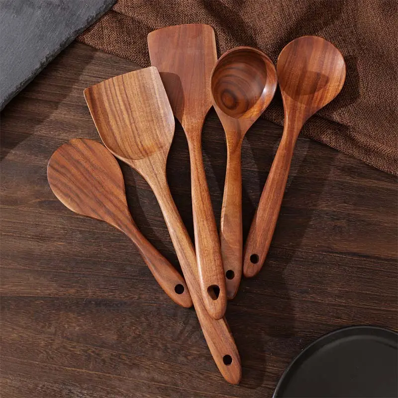 1 Box (5-Piece) Aesthetic Rustic Premium Wooden Kitchen Utensil Set - Eco-Friendly Cookware with Ergonomic Handles, Including Scoop, Skimmer, Turner, Plastic Oil Scoop for Home Supplies, Party Gifts, Lightweight