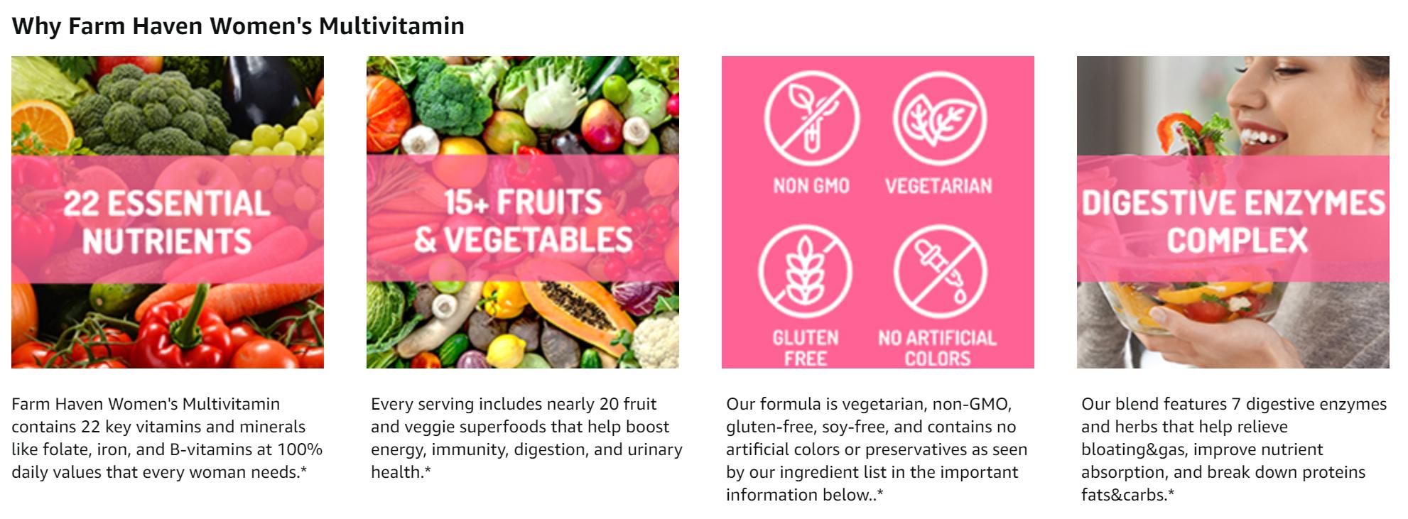 FarmHaven Multivitamin for Women - Whole Food Multivitamin with 22 Es Nutrition sential Nutrients, Supports Energy, Immunity & Heart Health, Dietary Supplement Superior Formula Healthcare Fitness Nutrition Edible Fruits