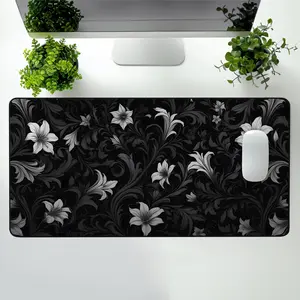 Black and White Floral Desk Mat – Elegant Lily Extended Gaming Mouse Pad, Large Non-Slip Aesthetic Desk Pad for PC & Office