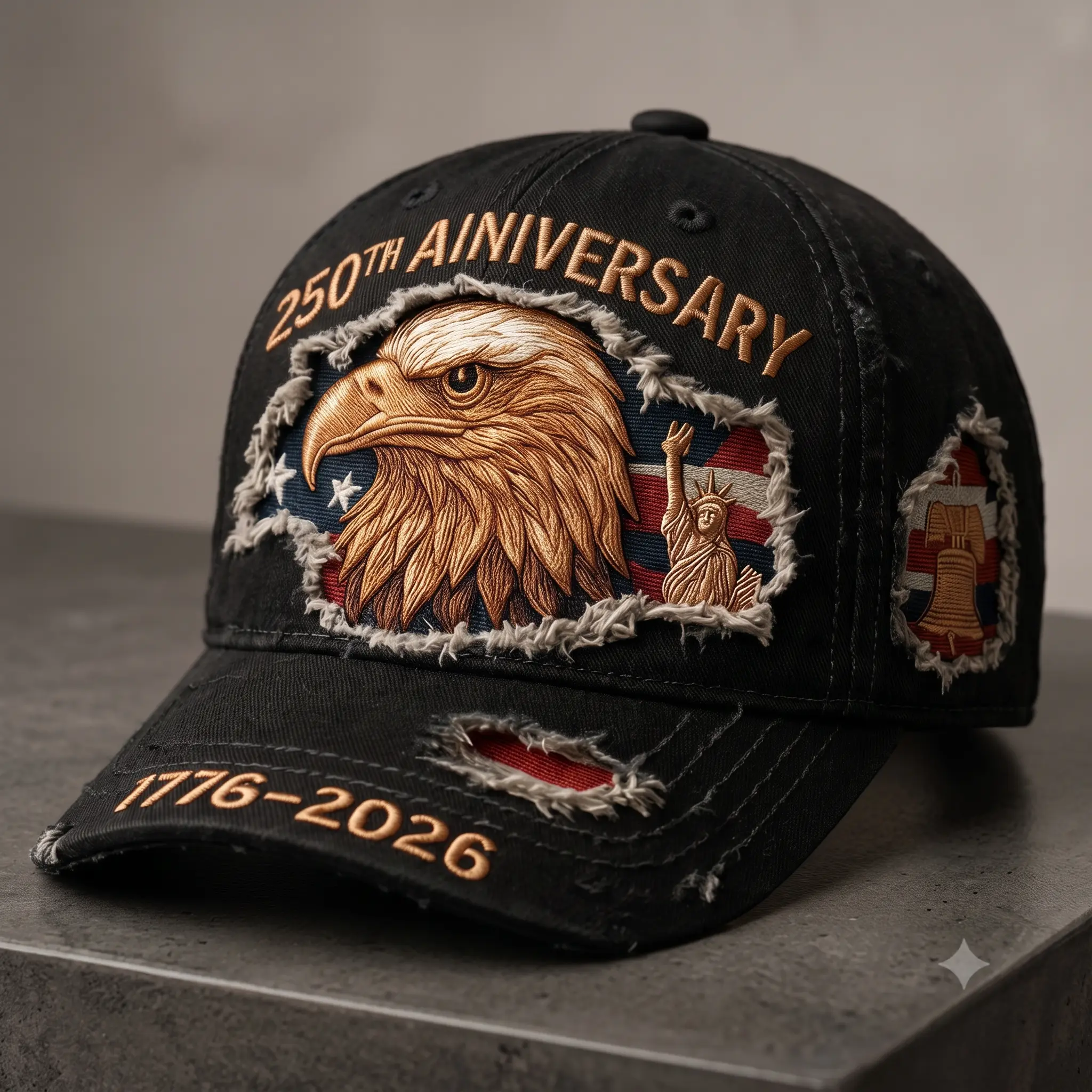 Celebrate American pride with this 250th Anniversary eagle baseball cap (1776-2026). Made of vintage washed cotton with a distressed look, it features rich patriotic embroidery, an adjustable strapback, and a comfortable unisex fit for everyday wear.