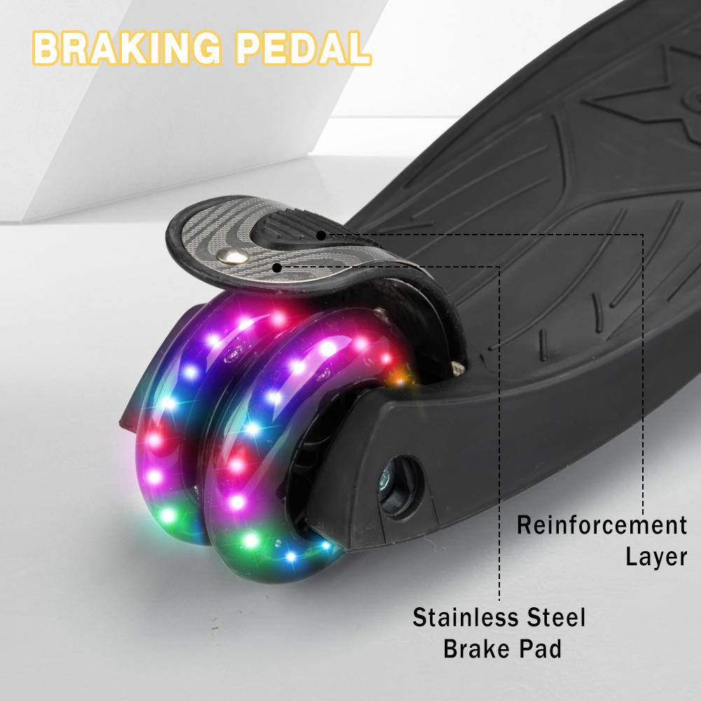 GARVEE Adjustable Height Kick Scooter with AEBC-9 Bearings and 3 Light-Up Wheels, Lean-to-Steer Design for Outdoor Fun, Suitable for Ages 3 to 12, Deep Black Color