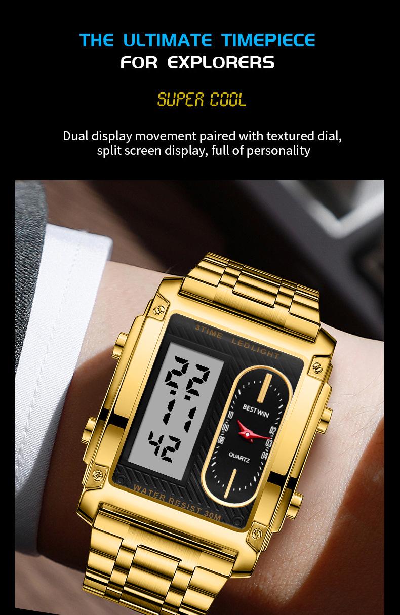 men's square creative dual-movement multifunctional sports watch, featuring a luxurious triple-time design, water resistance, luminous dial, ​Exuding a minimalist aesthetic, it is elegant, durable, and the perfect choice for everyday wear.​​ digital quart