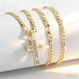 14K Gold Plated Golden Plated Religious Cross Pendant Necklace with Sparkling Synthetic Zirconia Stones - Elegant Jewelry for Casual Attire, Parties, Vacations - Perfect Easter, Thanksgiving, Graduation Gift