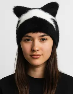 Star Fuzzy Cat Ear Beanie, Black  &  White