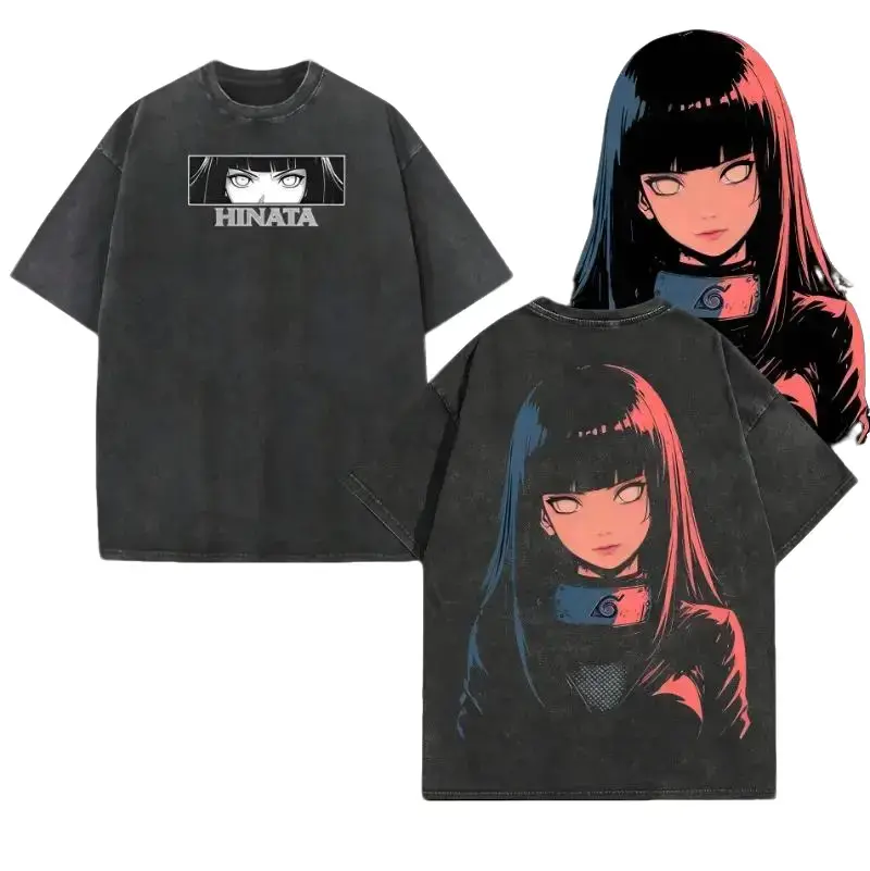 Hinata Hyuga - Anime Double Printed Vintage Washed Tee Tanktop Unisex Anime Manga Washed Cotton T-shirt Gift For Anime Fan graphic 90s Top Men Unisex Vintage Heavyweight Crew Neck T-shirt Casual Shirt Gift