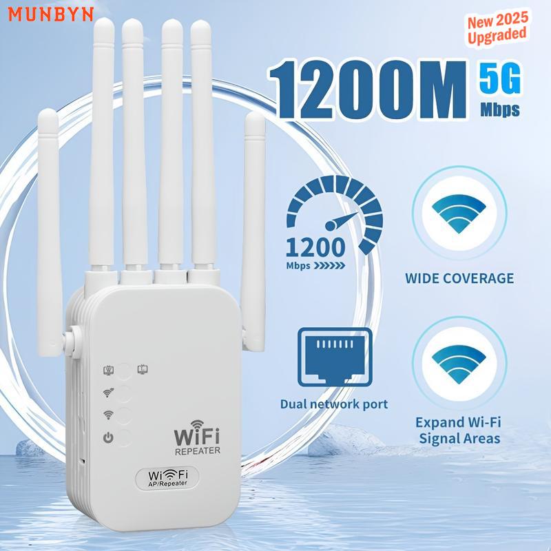 Valentine’s Day Gifts – MUNBYN WiFi Extender 2025, 1200Mbps Dual Band Signal Booster (5GHz/2.4GHz) Covers Up to 10,000 sq. ft & Connects 50 Devices | Repeater with Ethernet Port for Home Use