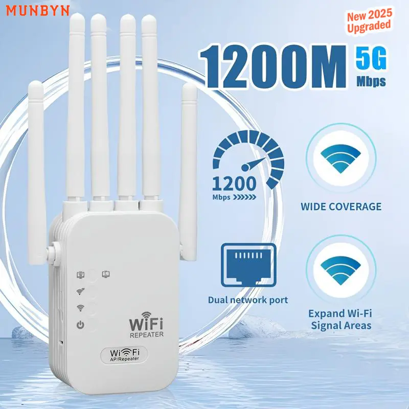 Valentine’s Day Gifts – MUNBYN WiFi Extender 2025, 1200Mbps Dual Band Signal Booster (5GHz/2.4GHz) Covers Up to 10,000 sq. ft & Connects 50 Devices | Repeater with Ethernet Port for Home Use