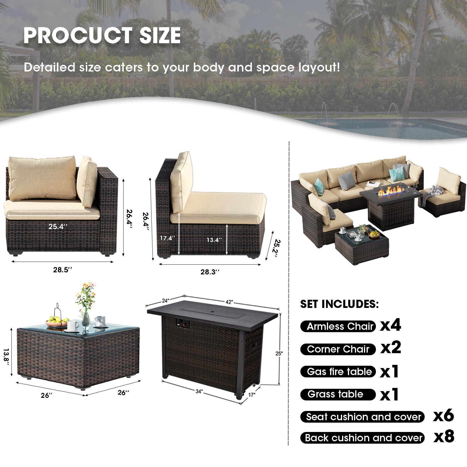 【3 packages shipping】8 Pieces Patio Furniture Sectional Sofa 50000 BTU Propane Gas Fire Pit Table,Outdoor PE Rattan Patio Conversation Set with Glass Coffee Tables and Cushions Lounge Modern