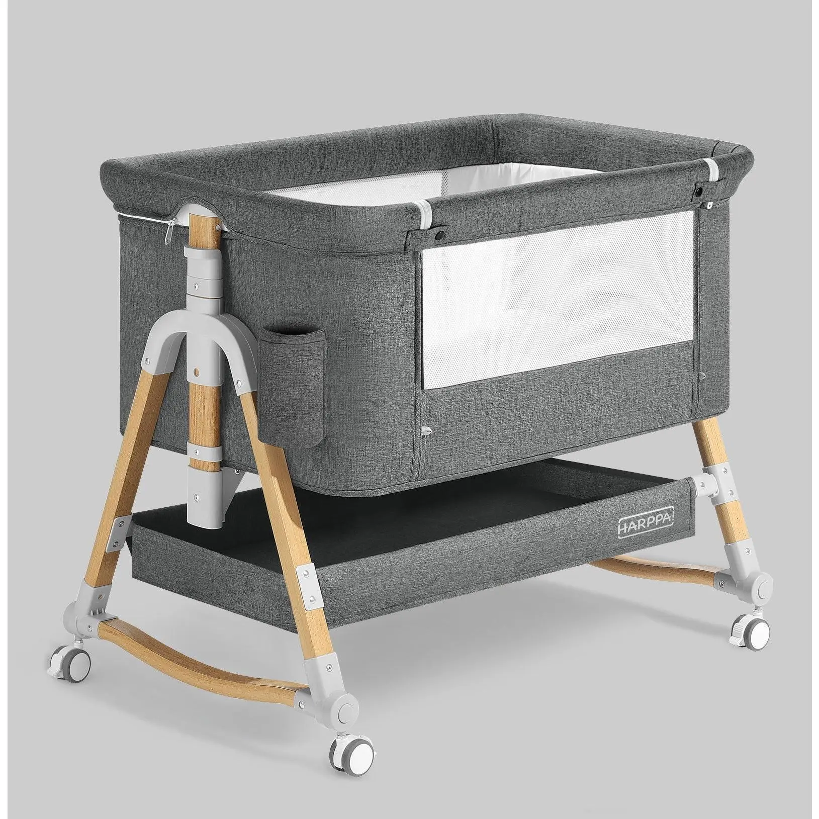 [ backtoschool ] HARPPA 3-in-1 Baby Bassinet Bedside Sleeper, Portable Rocking Cot with Breathable Mesh, 5 Adjustable Heights, Wheels & Mattress, Bassinet For Baby, Breathable Mesh Keeps Baby Cool