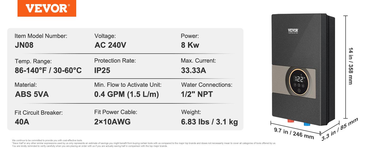 VEVOR Instant Water Heater, TikTokShopBlackFriday, 8kw On Demand Electric Tankless Water Boiler, Digital Temperature Display & Easy Installation & 24-Hour Water Supply, For Kitchen Bathroom Shower Mall Salon ETL Listed