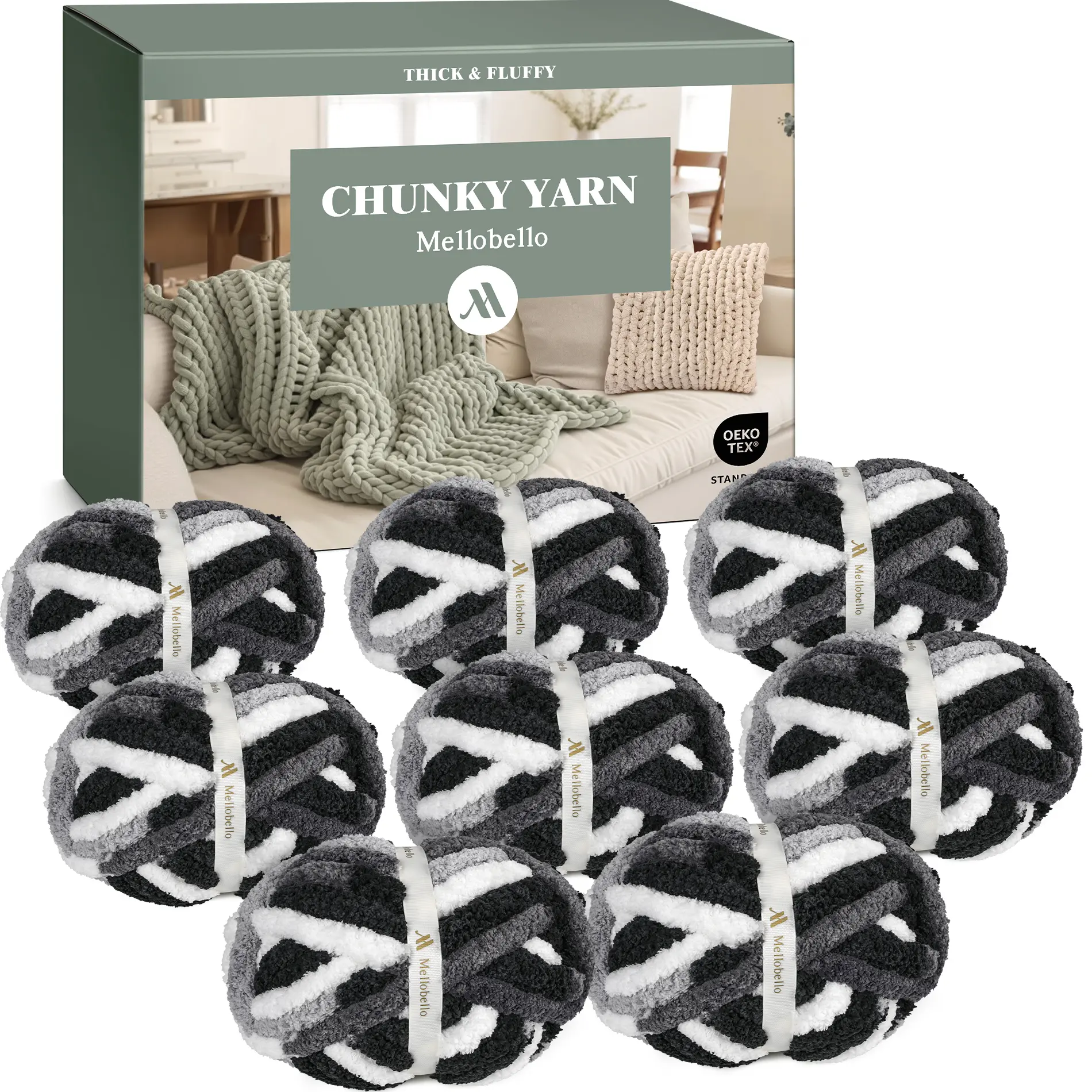 Mellobello Jumbo Chunky Yarn for Hand Knitting - Super Thick Chenille Chunky Yarn for Crocheting - Extra Soft Bulky Fluffy Blanket Big Yarn 8 Jumbo Pack (27yds,8 oz Each Skein)