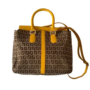Pre-owned FENDI Bag Crossbody Bags zucchini monogram canvas and yellow leather Authentic with COA and crossbody strap