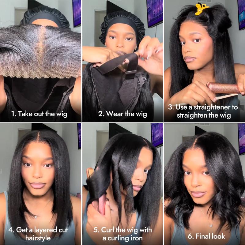 [Spring Essential] Wiggins Hair 220% Density Glueless Layered Cut Yaki Straight Bob Wig 7*5 Lace Closure Wigs Human Hair Ready To Go And 13*4 Lace Front Wig Pre Cut Lace Pre Plucked Beginner Friendly #SpringStatements #WeeklyDeals