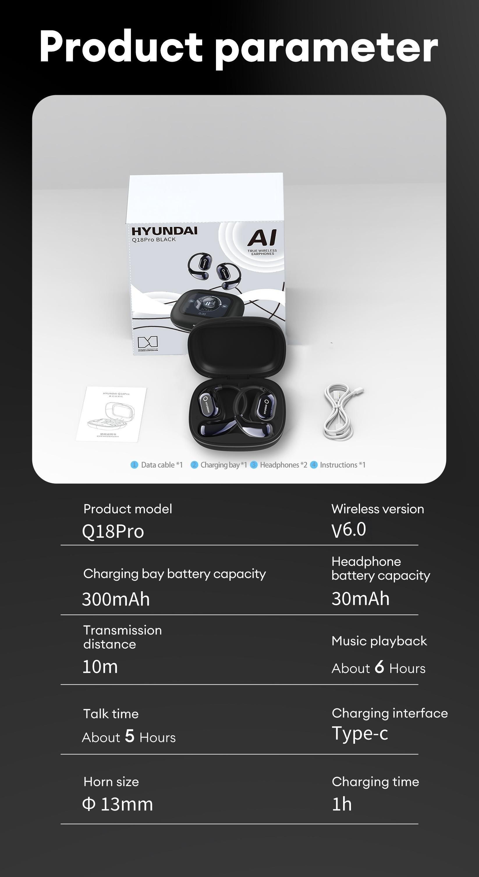 HYUNDAI HY Q18 Pro Electronic Earbud Bluetooth Headset with 2025 Bluetooth 6.0 for Faster, Stable Connection & Low Power Use, Full‑Color Touch Screen, Audio Wireless Headphones for Music & Phone Calls