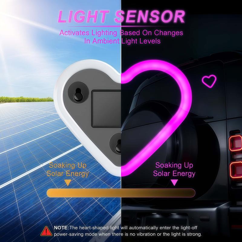 2PCS-Solar Powered Wireless LED Heart Shape C-Pillar Neon Light Eco-Friendly Modern Stylish Look for Car Interior Decor 9.57mm x 8.42mm x 15.36mm