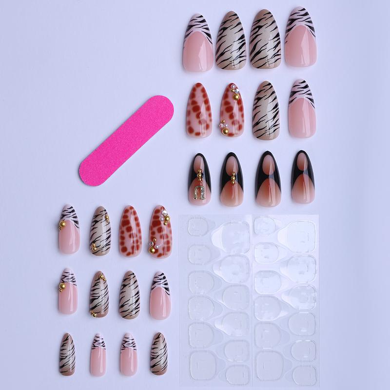 Cross-Border Wearable Nail Tips Gold Small Pearl Gold Dot Leopard Print Fake Nail Stickers Removable Almond Shape Nail Art
