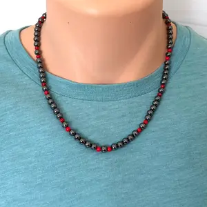 Mens 6mm Hematite and Red Howlite Beaded Necklace