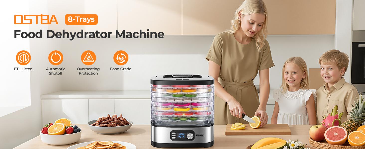 OSTBA 8-Tray Food Dehydrator, 72H Timer & Temp Control up to 158℉, Includes 8 Mesh Sheets, 1 Fruit Roll Tray, 1 Tongs, Recipe Book for Jerky, Fruit, Meat, Vegetables, Herbs, BPA-Free