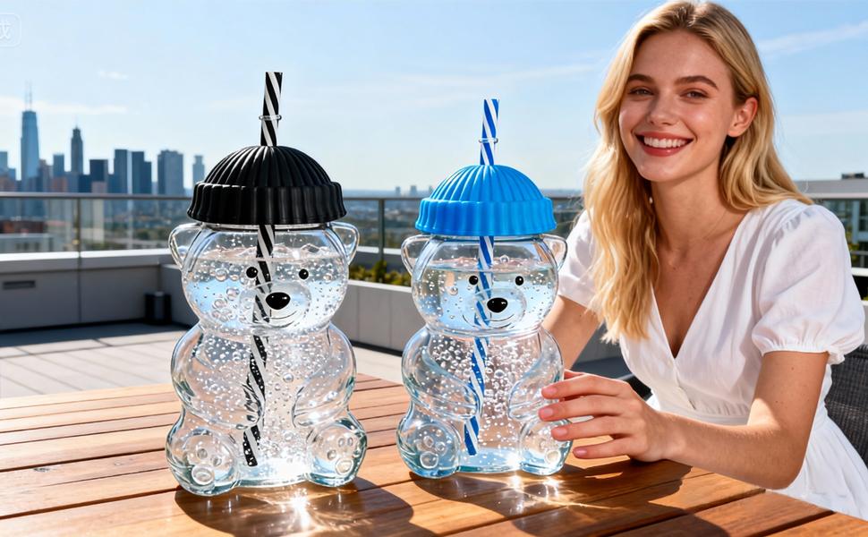 Viral Bearista Cold Cup for 2026 Holiday Collection Nostalgia Cute Bear Cup With Striped Straw 20oz High-Quality Glass Tumbler for Smoothies Boba & Beverage  Iced Coffee Glass Gifts colorful glass cup practical gift