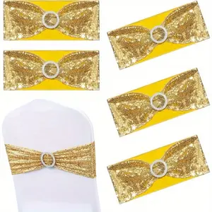 24pcs Golden Chair Sashes Sequin Stretchy Spandex Bands Decorative Bows One-Sided Sequins Decor For Romantic Wedding Party Home Chair Cover Sash Decorations, Bows And Ribbons