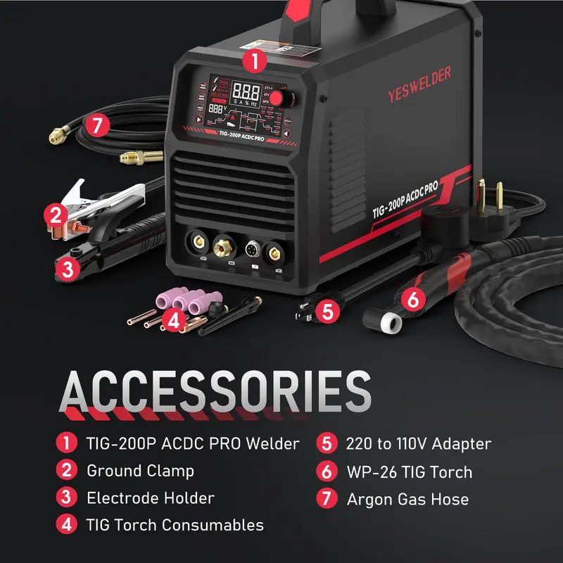 Product Introduction of YESWELDER TIG-200P-ACDC-PRO Hybrid AC/DC Aluminum TIG Welder 200Amp | AC TIG/DC TIG/Mix TIG/Spot TIG/Pulsed TIG/Stick | HF Start 110/220V Dual Volts Welding Machine with Pulse 31